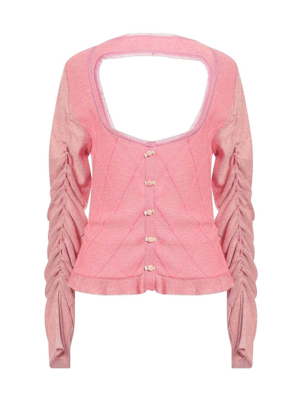 Ruched-Sleeve Pink Knit Open-Back Cardigan